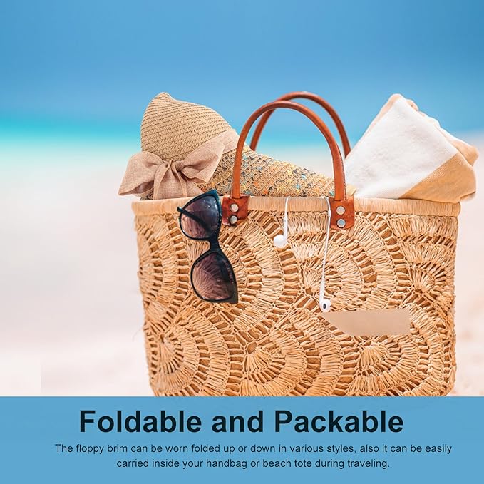 DRESHOW Beach Hats for Women Big Straw Wide Brim Summer Hat Floppy Foldable Roll up Cap Sun Hat UPF 50+