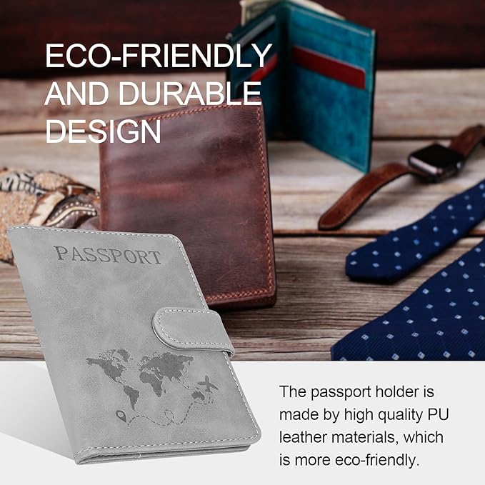 Passport Holders, RFID Blocking Credit Card Holder, PU Leather Vaccine Card Holders for Travel with Magnetic Buckle, Travel Must Haves Cruise Ship Essentials for Men, Women (Grey)