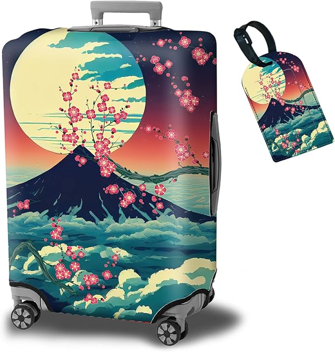 Luggage Cover Suitcase Protector + Luggage Tag, Landscapes Sakura Mount Fuji Travel Suitcase Cover for 22-24 inch Luggage (M) with Concealed Zipper Washable Elastic Cloth Dustproof Anti-Scratch