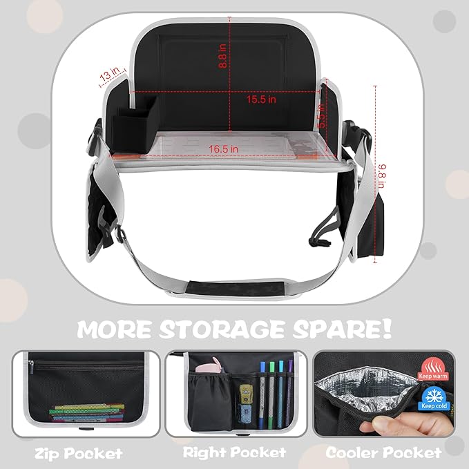 MENZOKE Car Seat Tray for Kids with Large Educational Drawing Board, Tablet Stand & Cooler Cup Holder, Essential for Family Road Trips, Airplane Rides & Daily Commutes, Black