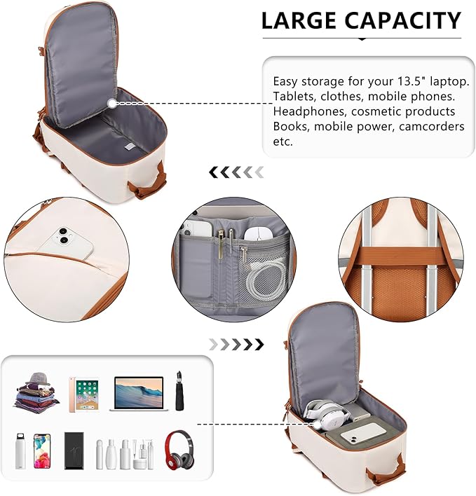 Kono Carry on Backpack, 16" Airplane Approved Under Seat Travel Backpack for Men and Women, Waterproof Lightweight Daypack for Flight 20L, White/Brown