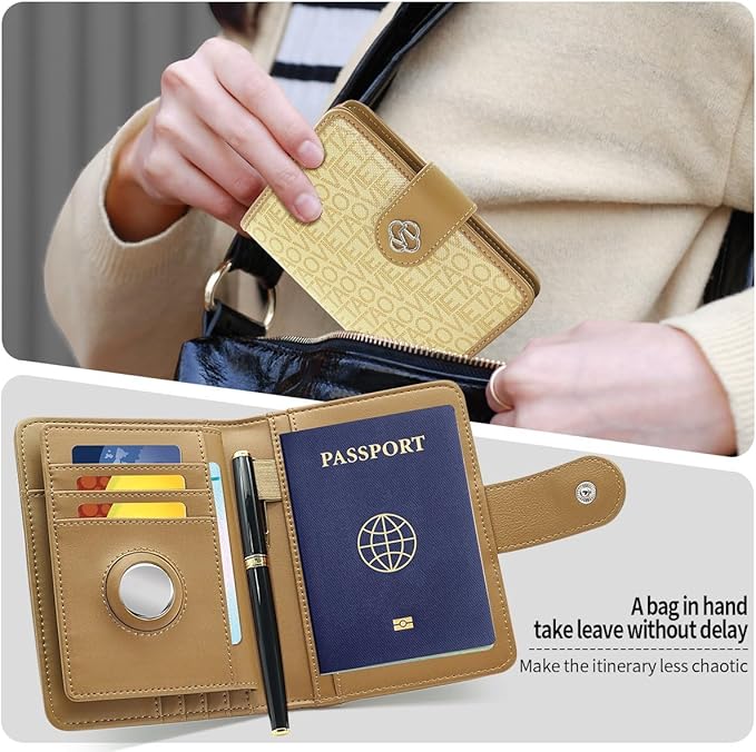 Passport Holder Wallet Bag with AirTag Holder, Card Slots Passport Solt Ticket Cash Solt, Photo Solt Sim Card Pen Slot.Apricot