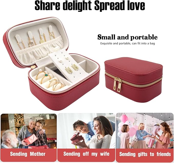 Small Jewelry Travel Case For Womens Small Rectangle PU Leather Jewelry Box With Zipper 2.56" H Portable Travel Jewelry Case For Earring Rings Necklaces Bracelets Red Jewelry Gifts Box