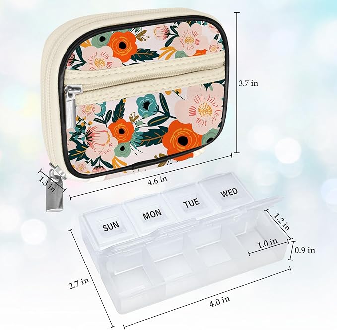 Serfeymi Weekly Travel Pill Organizer Pill Case for Purse with Removable 7 Day Pill Box, Fashionable Travel Medicine Organizer Pill Container for Medicine, Vitamin, Supplement - Black 02 + Bloom 01