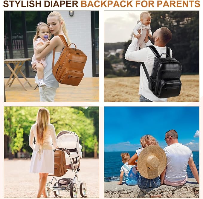 VASCHY Diaper Bag Backpack for Mum Dad, Unisex Large Waterproof Vegan Leather Baby Bag with Changing Pad,Insulated Pockets,Padded Laptop Sleeve for Travel,Brown