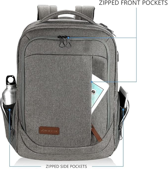 KROSER Laptop Backpack Large Computer Backpack Fits up to 17.3 Inch Laptop with USB Charging Port Water-Repellent Casual Daypack for Travel/Business/College/Women/Men-Grey