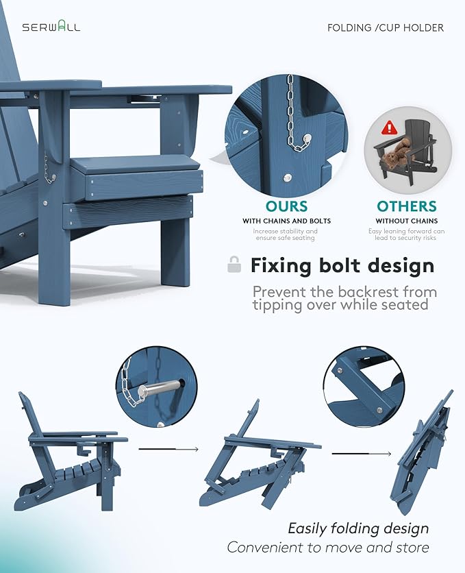 SERWALL Folding Adirondack Chair, HDPE Adirondack Chairs Set of 8, Plastic Outdoor Chairs- Looks Exactly Like Real Wood- Navy