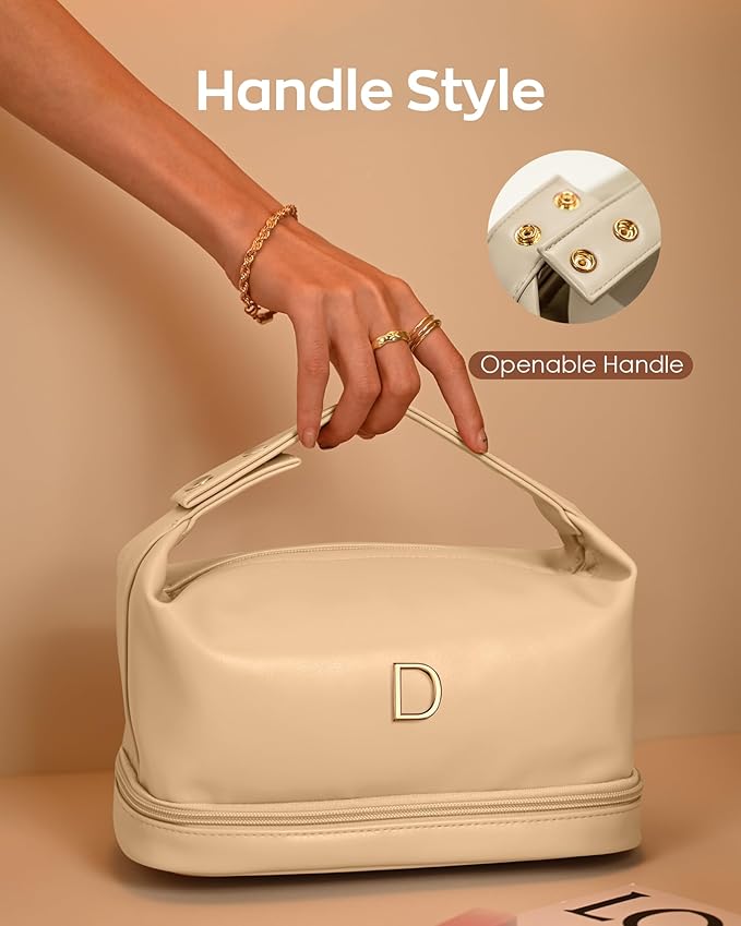 Girlfriend Gifts, Personalized Makeup Bag with Handle, Initial Double Layer Cosmetic Bag with Makeup Brush Organizer, PU Leather Travel Toiletry Bag Gifts for Women Her Friend Sister Mom Gift