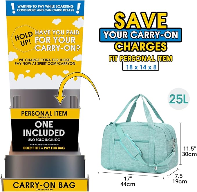 Narwey 18" Carry on Bag Underseat for Airplane with Wet Pocket Spirit Airlines Personal Item Bag Travel Duffel Bag Small Gym Bag Weekender Overnight for Women and Men (Mint Green)
