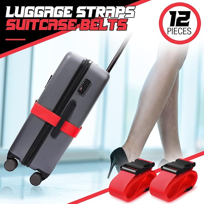 Eccliy 12 Pack Luggage Straps Suitcase Belts Wide Adjustable Packing Straps Travel Belts Accessories for Business Packing(Red)