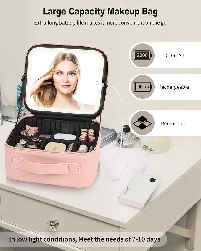 Makeup Bag With LED Mirror, Travel Makeup Case with Light up Mirror Large Cosmetic Case with 3 Color Lighted Portable Professional Organizer Bag with Adjustable Dividers（Pink）