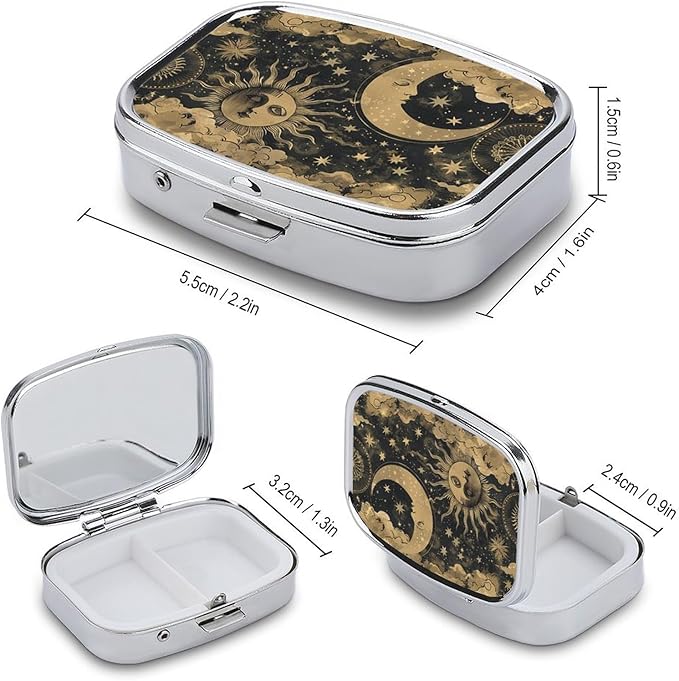Metal 2 Compartment Pill Organizer Travel Friendly Portable Compact Pill Box Cute Pill Case,for Pocket Wallets Daily Portable Medicine Vitamin Tablet Storage (The Sun and The Moon)
