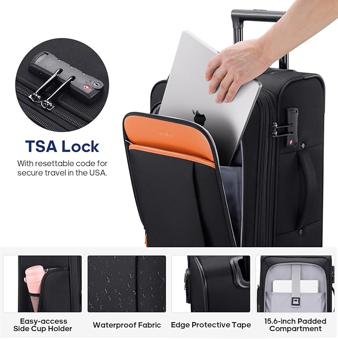 UKEIN Softside Expandable Carry On Luggage 22x14x9 Airline Approved, 20 Inch Carry On Suitcase with Wheels & TSA Lock, Travel Suitcase with 4-Piece Packing Bags for Women Men