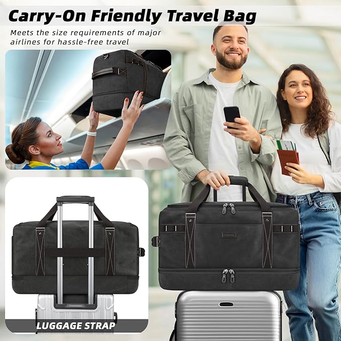ZOMFELT Travel Duffle Bag for Men, Waterproof Canvas Overnight Duffel Bag with Removable Dividers & Shoe Compartment, Carry On Weekender Gym bag, Multi-Pocket & Vintage Design (Washed Black)