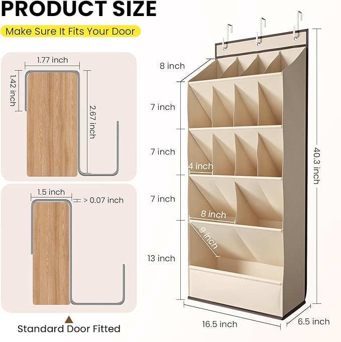 Over the Door Shoe Organizer for Closet, Shoes Rack for Closet with 15 Large Pockets, Hanging Shoe Organizers for Boot Storage, Behind the Door Narrow Shoe Holder for Small Shoes, Beige