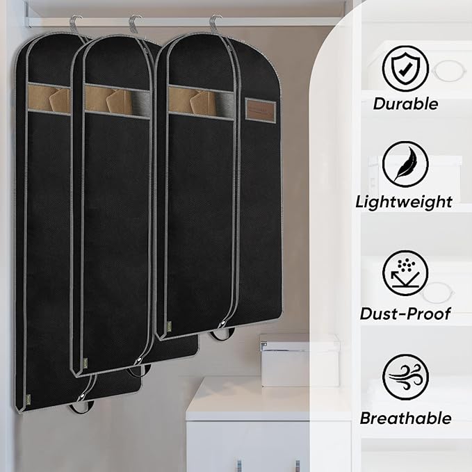 BALEINE 5PK Heavy Duty Garment Bag with Shoe Storage Travel Bag for Dresses, Suit, Coats Travel Essential (43", Black)