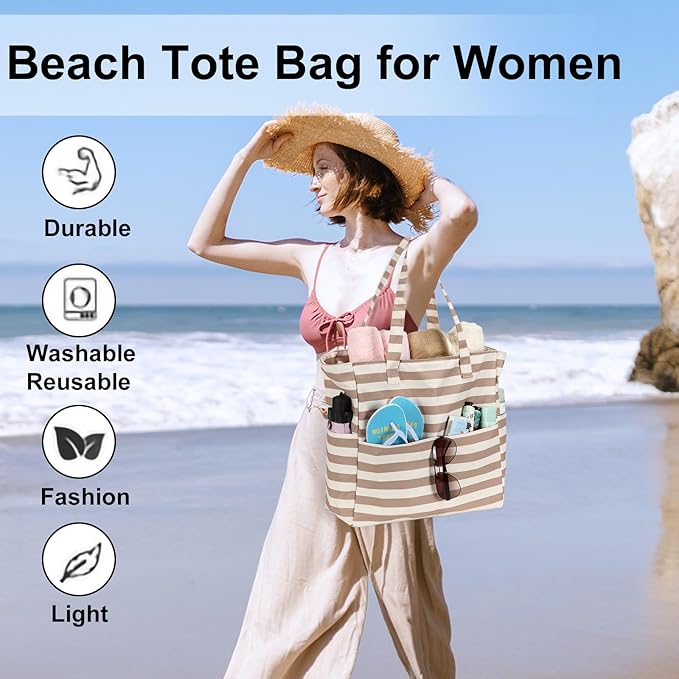 LEDAOU Large Beach Tote Bag Women Waterproof Sandproof Zipper Beach Tote Bag for Pool Gym Grocery Travel with Wet Pocket