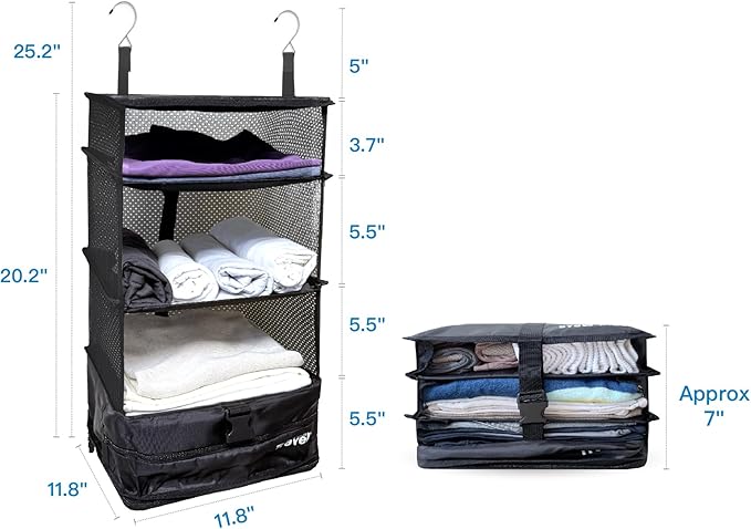 Grand Fusion Stow-N-Go Travel Luggage Organizer – Portable Hanging Travel Shelves, Carry-On Closet Organizer, Hanging Packing Cubes, Collapsible Carry-On Organizer for Cruises & Hotels. Black - L