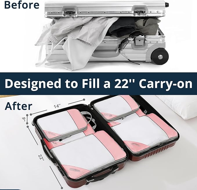 Compression Packing Cubes 3 Set, Compressible Space-Saving Packing Cubes for Travel - Compression Bags, Luggage Organizer, Travel Essentials for Women, Pink