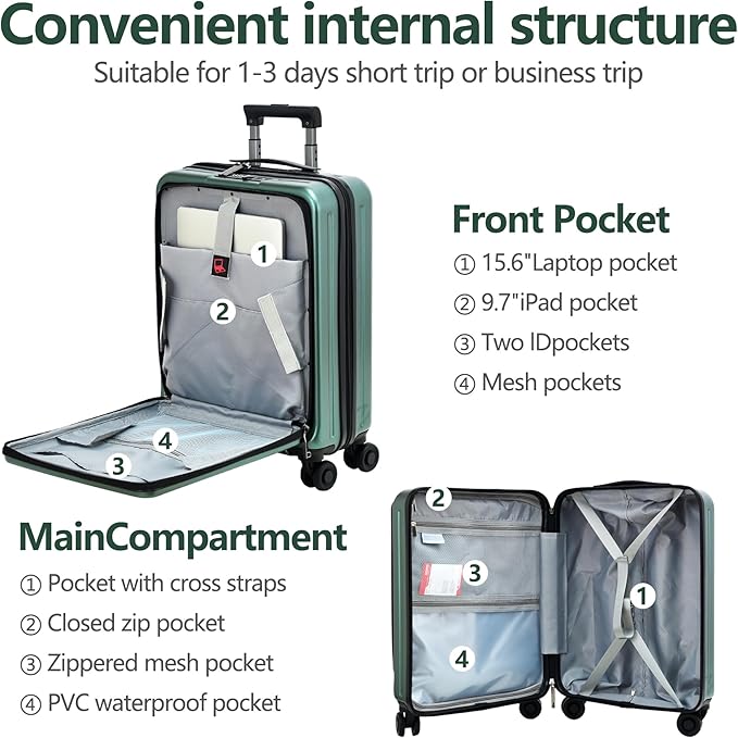 3Pcs (20/24/28) Luggage Set, HardShell Lightweight, Only 20" with Front Pocket, 21.65*15.35*7.87" Fits Overhead Cabin, 24" (26*17.7*10.2") and 28" (19.68*11.81*29.92") Checked Luggage, Green
