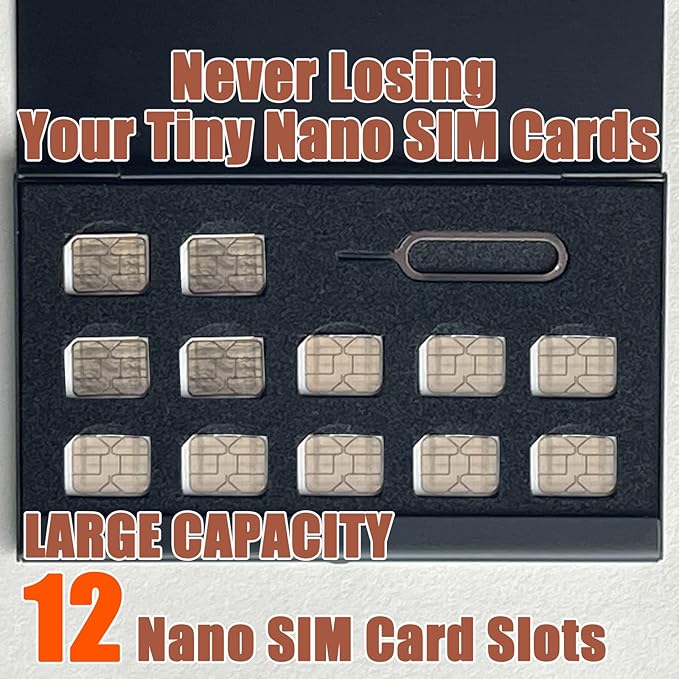 Aluminum SIM Card Case, 12 Slots Ultrathin Nano SIM Card Holder with SIM Card Adapter Kit for Travelers or Holiday Trip (Black)