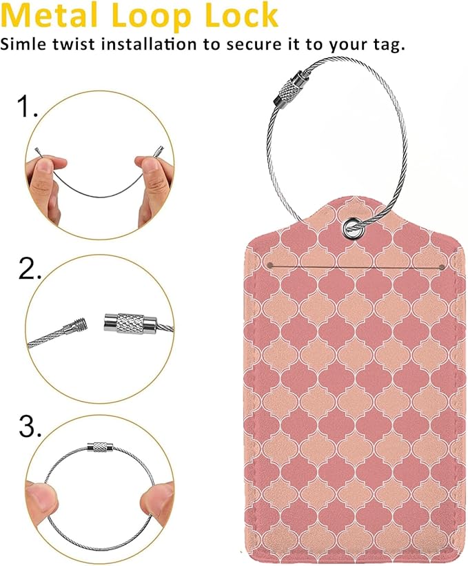 Pink Moroccan Plaid 2 Pack Luggage Tag for Suitcase, Leather Bag Tags Identifiers Privacy Cover ID Label with Steel Loop for Women Men Kids Girls Travel