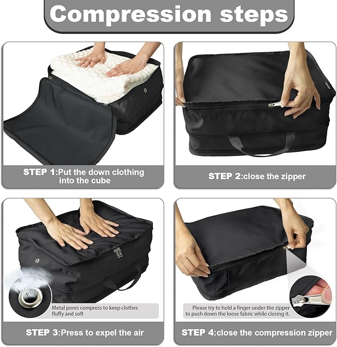 Extra Large Compression Packing Cubes for Travel Essentials, 2 Set Expandable Travel Cubes for Packing Bags Suitcase Organizer, Black
