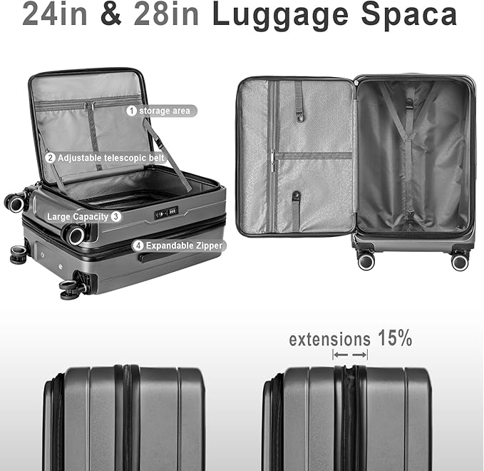 Luggage Sets 3 Piece, ABS Lightweight 20in/24in/28in Luggage, Expandable Carry On Suitcase Set with TSA Lock & Double Wheels, Front Open Hardshell Luggage Sets (Grey)