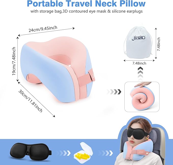 Travel Neck Pillow, Ergonomic Airplane Pillow for International Flights, Travel Essentials with 3D Eye Masks, Ear Plugs and Storage Bag, U Shaped Neck Support for Road Trips, Camping, Train