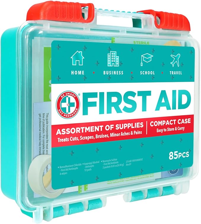 Be Smart Get Prepared 85 Piece First Aid Kit: Clean, Treat, Protect Minor Cuts, Scrapes. Home, Office, Car, School, Business, Travel, Emergency, Survival, Hunting, Outdoor, Camping & Sports, FSA HSA