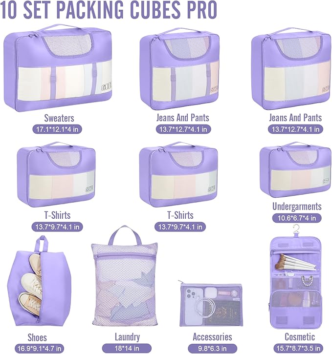 Veken 10 Set Packing Cubes for Travel Essential, Suitcase Organizer Bags in 4 Sizes, Carry-On Luggage Accessories with Large Laundry & Hanging Toiletry Bag, Must-Have for Airplane, Road Trip & Camping