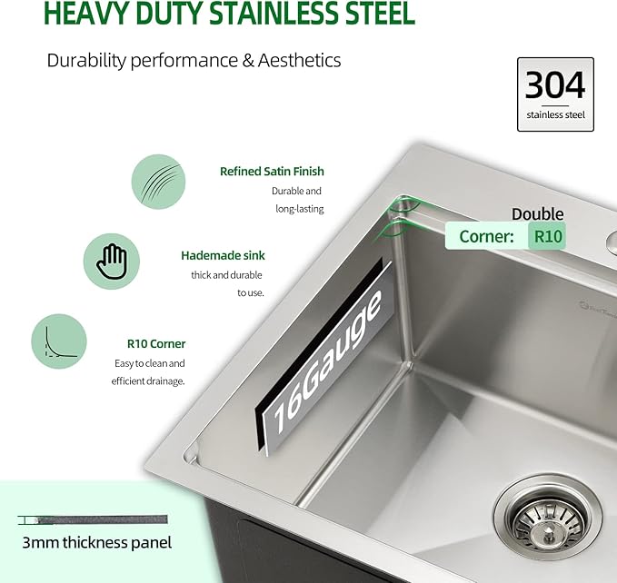 Kitchen Sink, 21 x 20 x 10 Drop in Kitchen Sink 16 Gauge Stainless Steel Kitchen Sinks Single Bowl Workstation Sink with Cutting Board