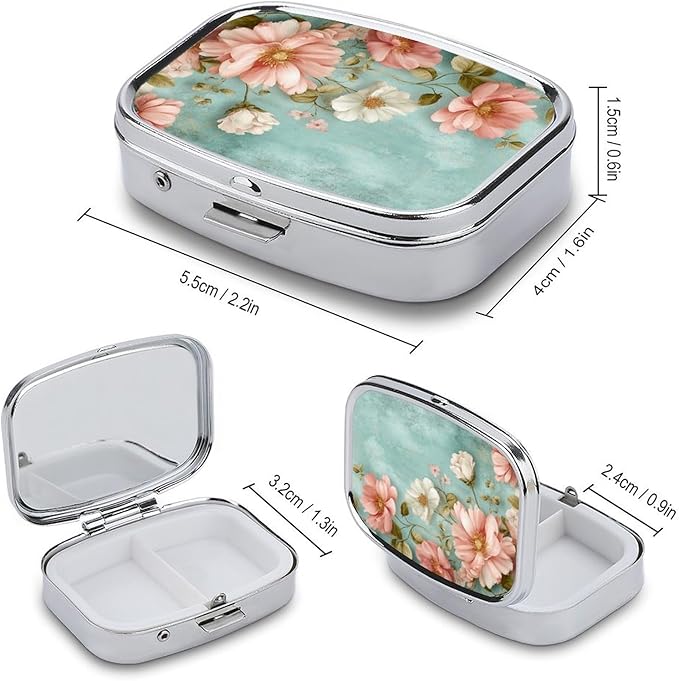 Metal 2 Compartment Pill Organizer Travel Friendly Portable Compact Pill Box Cute Pill Case,for Pocket Wallets Daily Portable Medicine Vitamin Tablet Storage (Flowers)