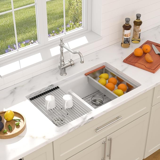 Dcolora 33 Inch Granite Compoisite Kitchen Sink White Undermount Kitchen Sink 50/50 Double Bowl Workstation Elegant Under Counter basin 33"×19“×10”，#DC-GX3327