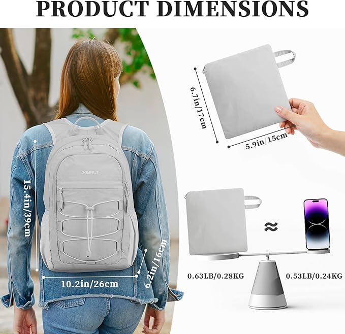 ZOMFELT Hiking Backpack for Women Men, 15L Lightweight Packable Backpack for Trip, Water Resistant Small Travel Backpacks, Foldable daypack for Hiking, Walking, Cycling, Camping, Grey