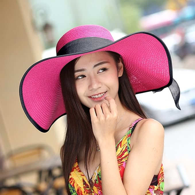 DRESHOW Beach Hats for Women Big Straw Wide Brim Summer Hat Floppy Foldable Roll up Cap Sun Hat UPF 50+