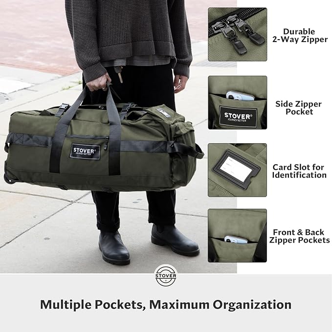 STOVER 100L Rolling Duffel Bag with Wheels, X-Large 35 Inch Durable Travel Duffle + Toiletry Bag, Heavy Duty, Packable w/Shoulder Straps- Use as Luggage or Backpack, Men/Women (Green)