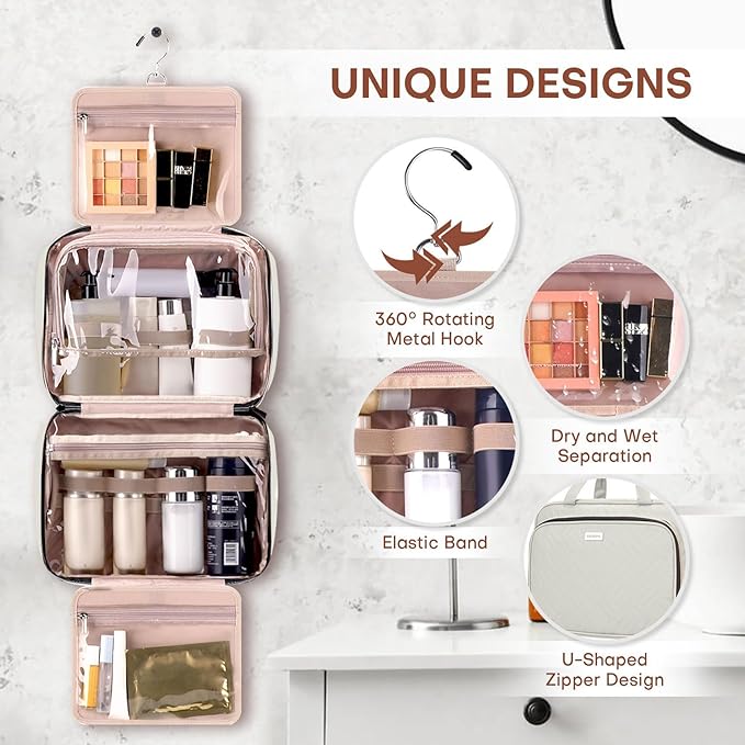 Toiletry Bag for Women with Jewelry Organizer Compartment, Travel Makeup Cosmetic Bag with Hanging Hook for Full-sized Toiletries, Shampoo - Beige