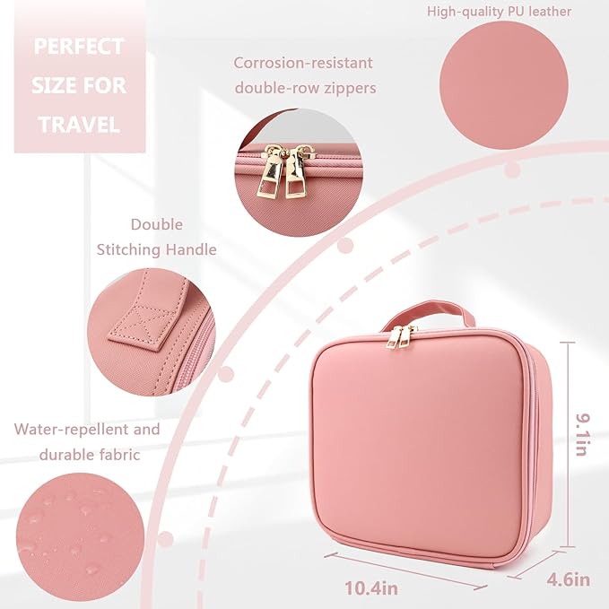 Travel Makeup Bag for Makeup Artists Large Makeup Case,with Mirror 3 Color Setting and Detachable 10x Magnifying Mirror Travel Makeup Bag,Portable Storage and Adjustable Dividers（pink）