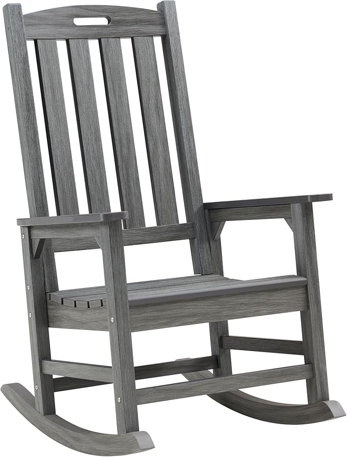 Psilvam Outdoor Rocking Chair, Poly Lumber Oversized Rocking Chair with 21" Wide Seat and 32" Tall Backrest, Pre-Assembled with Most Components for Effortless Installation(Dark Gray)