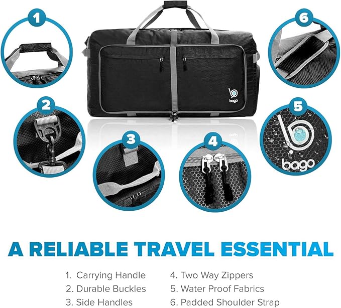 Bago Big XXL Foldable Duffel Bags for Traveling Women & Men - 140L Packable Duffle Bag for Travel with Shoe Compartment - Water Repellant, Heavy Duty, Lightweight Folding & Collapsible (Black)