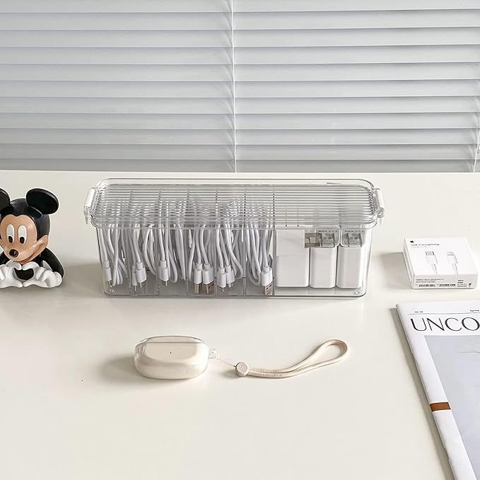 Yesesion 2 Pack Cord Organizer Box with Lid, Clear Desk Drawer Accessories Storage Case for Home Office Supplies, Art Crafts, Phone Charger, USB Cables, Marker Pen, Pencil Holder