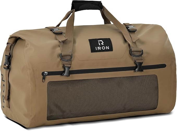 IRON JIA'S Motorcycle Dry Bag - Waterproof Duffle & Luggage Tail Bag Saddle Bags with Roll Top Closure, Shoulder Straps, Inner Pocket and Mesh Pocket (Brown, 30L)