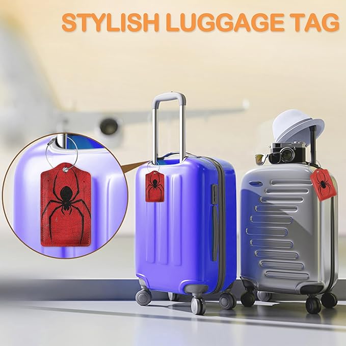 Red Web Spider 3 PCS Luggage Tags, Black Hanging Spider Leather Suitcase Tags with Privacy Cover Name Address Labels and Durable Steel Loop for Men/Women Travel Bag Suitcases
