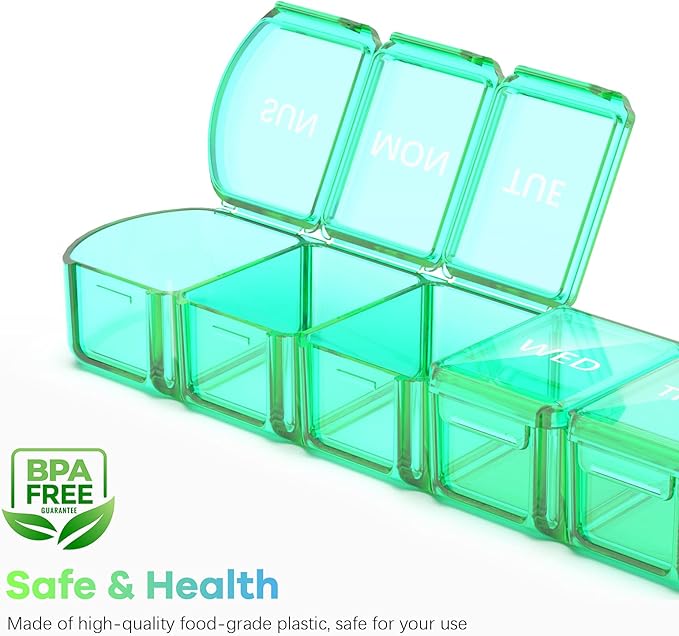 Extra Large Pill Organizer 2 Pack, XL Pill Box 7 Day, Weekly Pill Case with Large Capacity, Jumbo Organizer, BPA Free (Blue+Green)
