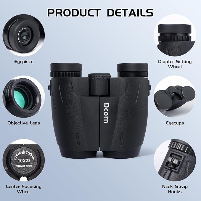 10x25 Binoculars for Adults and Kids, Compact Travel Binoculars for Bird Watching, Survival Gear for Outdoor Hunting Hiking, or Theater and Concerts