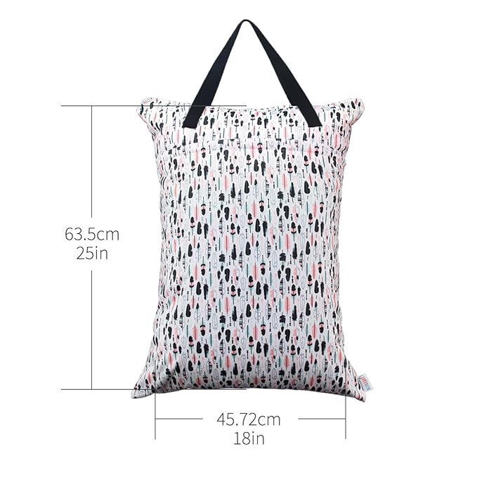 ALVABABY 2 Pack Large Wet Dry Bag Waterproof Hanging Cloth Diaper with Double Zippered Pockets 25x18 inches (Feather & Stripe)