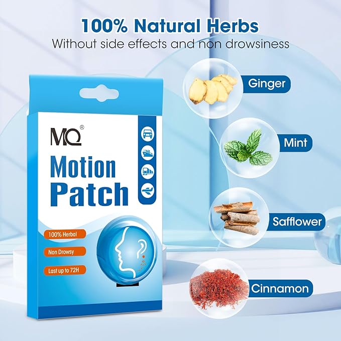 MQ Motion Sickness Patch,10 Count,Non Drowsy Sea Sickness Patches Behind Ear for Cruise Ship Travel, Waterproof Car Sick Patches Fast Acting & Long Last 72H