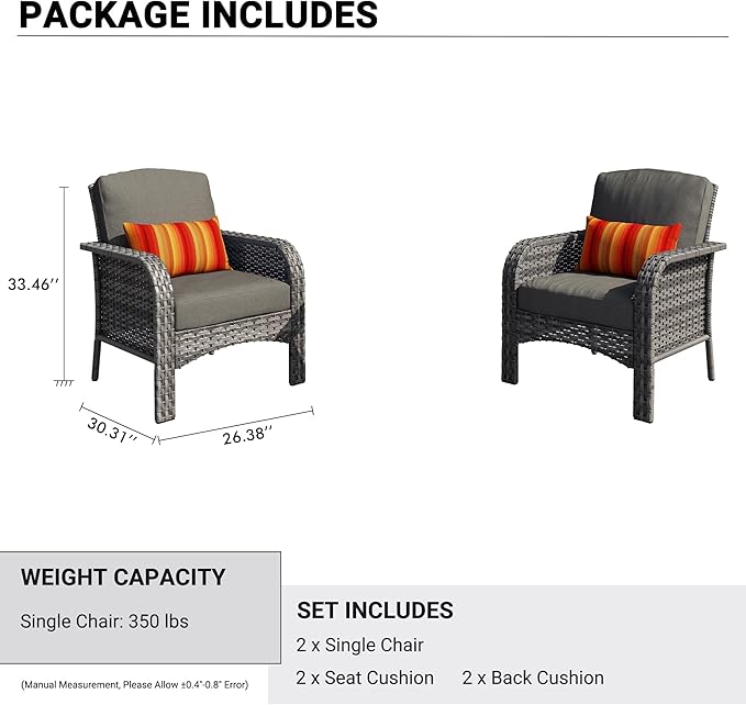 HOOOWOOO Patio Furniture Set,2 Pieces Outdoor Wicker Chairs Set,All Weather Bistro Chairs with Comfy High Back,Black