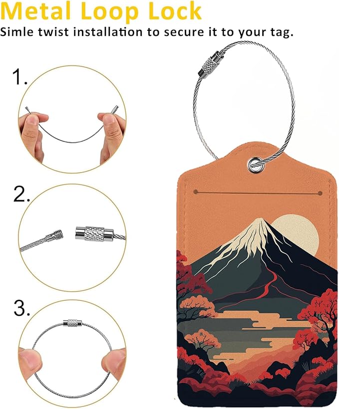 Mount Fuji 2-Pcs Premium Leather Tags with Privacy Covers,Luggage Tag Stainless Steel Loops Ideal for Suitcases, Travel Bags, Backpacks